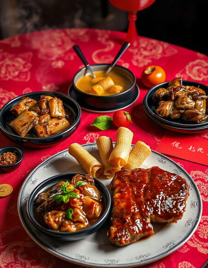 Lima hidangan khas Imlek berbahan daging babi: Siu Yuk, Bak Kut Teh, lumpia isi babi, daging babi masak karamel, dan Char Siu, disajikan di atas meja dengan dekorasi Tahun Baru Imlek