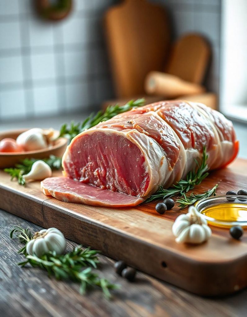 Daging babi berkualitas tinggi di atas talenan kayu dengan bumbu segar seperti rosemary, bawang putih, dan lada, menampilkan kesegaran dan kualitas produk BabiKu.